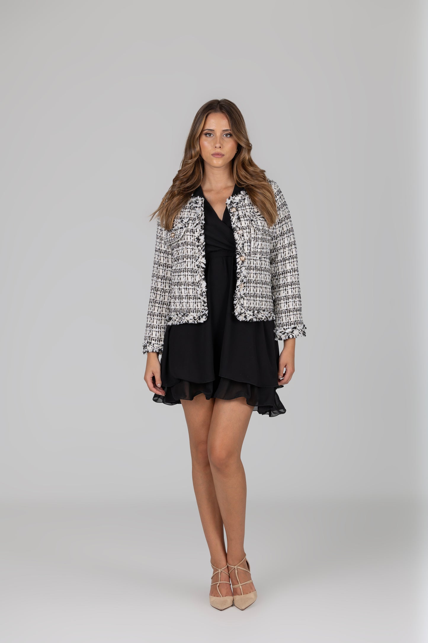 Jaqueta curta tweed cinza