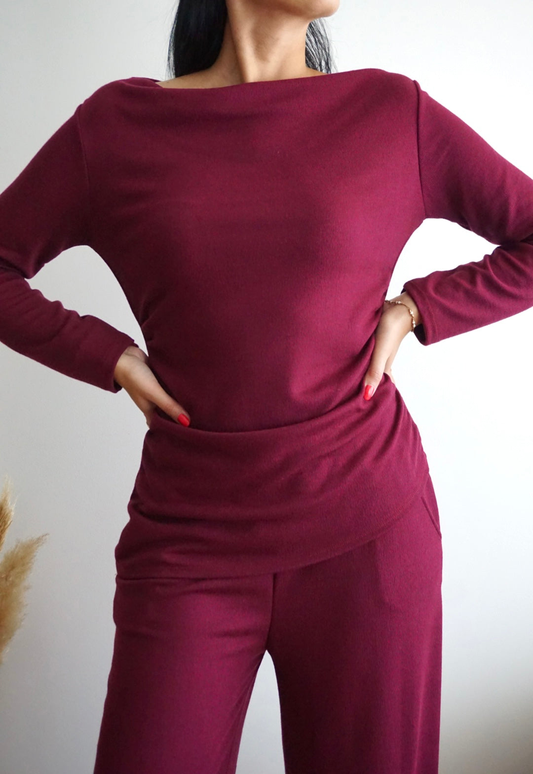 Conjunto malha fina bordô