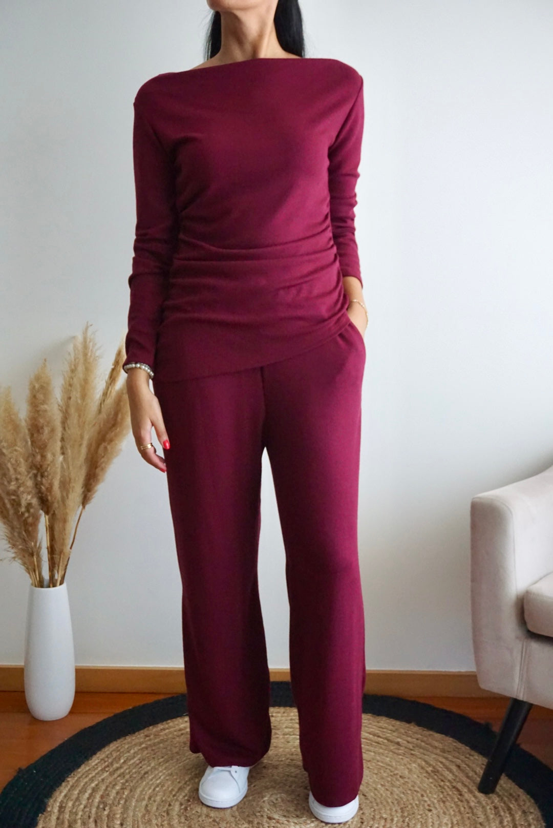 Conjunto malha fina bordô