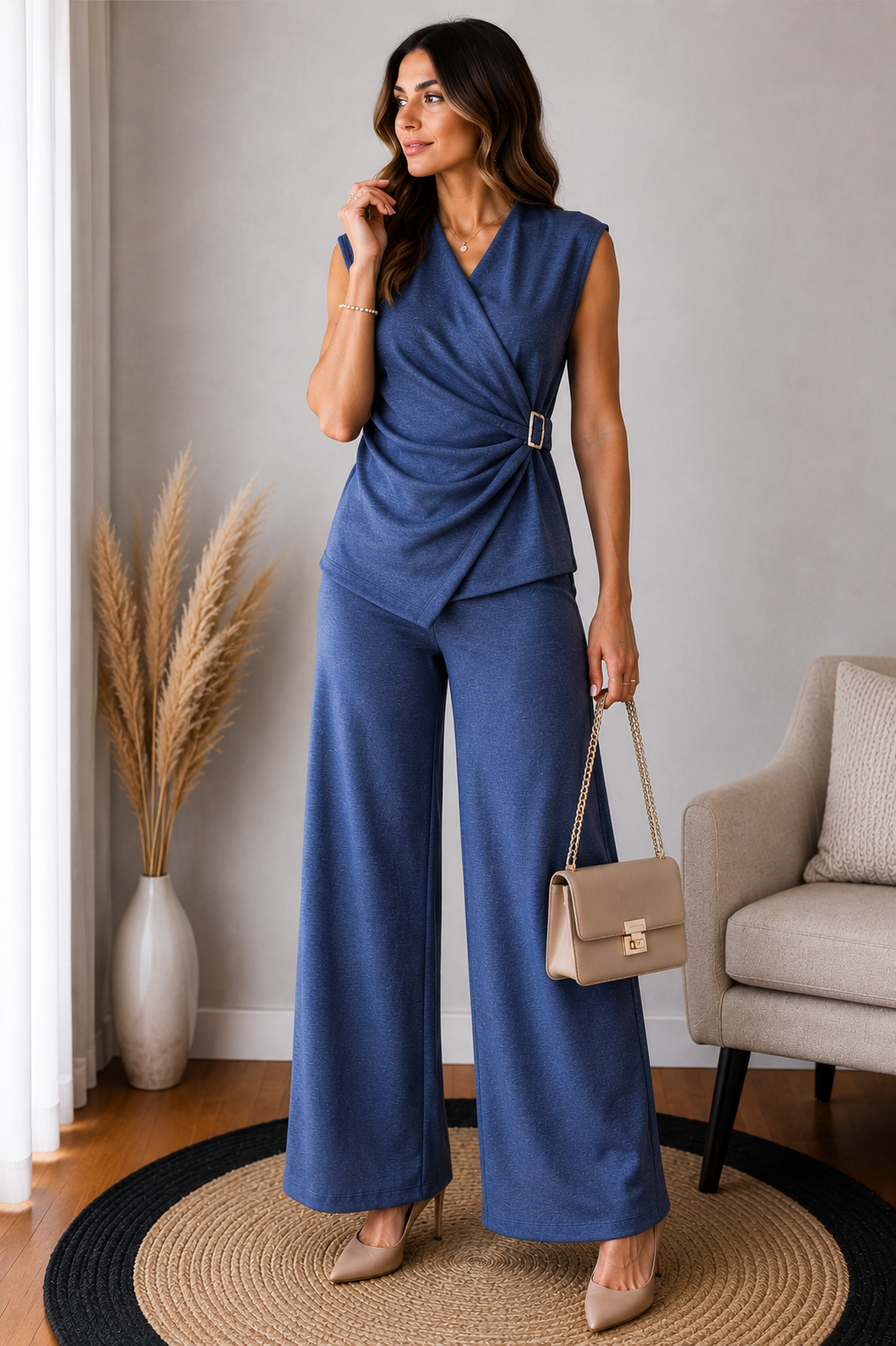 Conjunto malha azul - calça fluida e colete