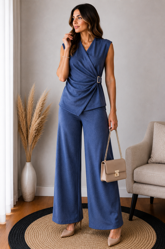 Conjunto malha azul - calça fluida e colete