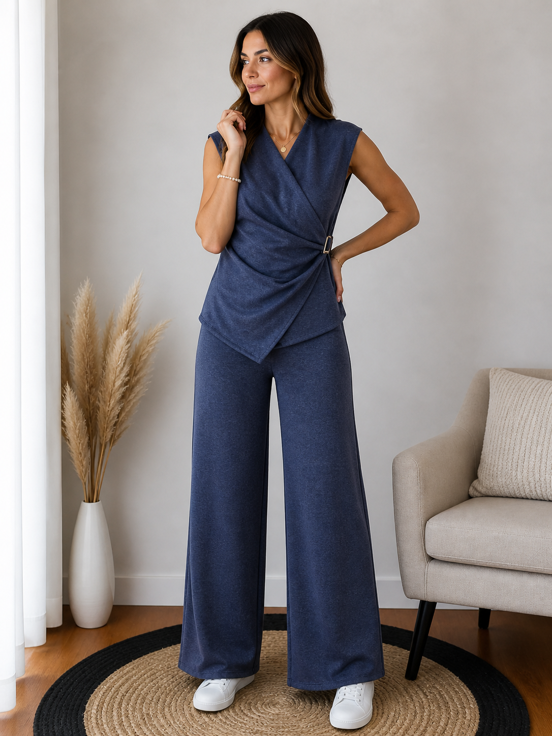 Conjunto malha azul - calça fluida e colete